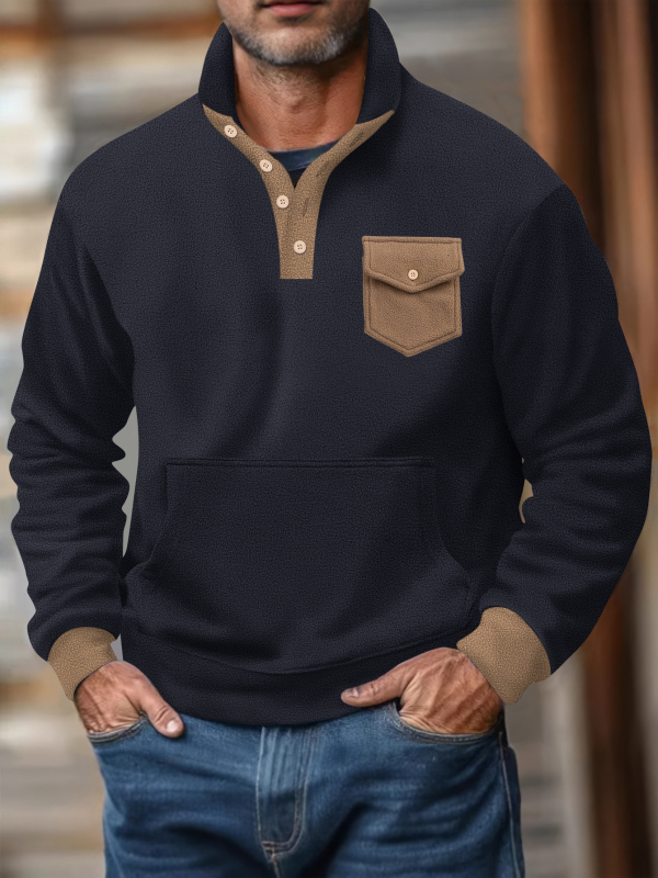 Férfi polár fleece polo felső, magas gallér, félgombos, hosszú ujjú, taktikai zsebek, kockás mintázat