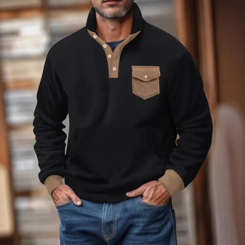 Férfi polár fleece polo felső, magas gallér, félgombos, hosszú ujjú, taktikai zsebek, kockás mintázat