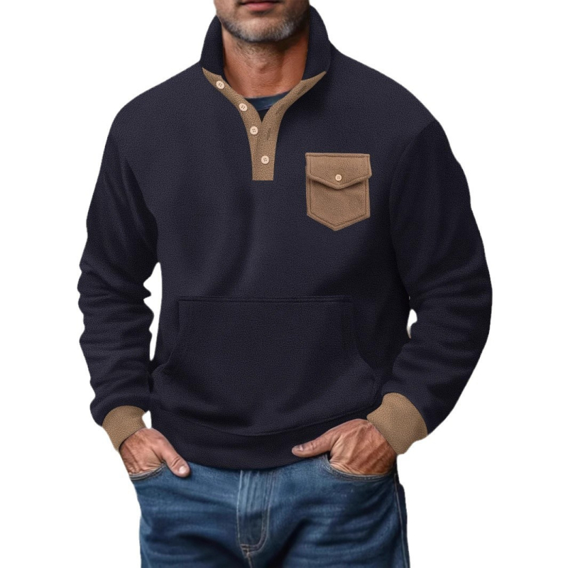 Férfi polár fleece polo felső, magas gallér, félgombos, hosszú ujjú, taktikai zsebek, kockás mintázat