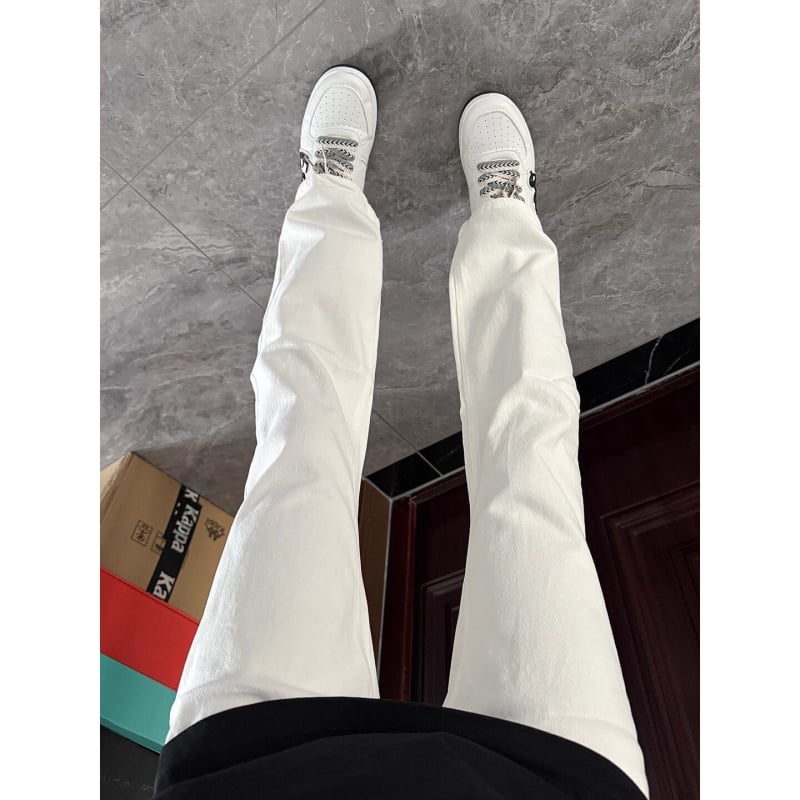 Blugi negri din denim pentru bărbați, croială dreaptă, slim, talie înaltă, ușoară evazare la partea de jos