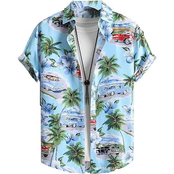 Cămașă bărbătească hawaiană cu mânecă scurtă și guler înalt, stil casual, imprimeu floral, calitate înaltă, vara 2025