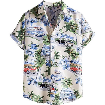 Cămașă bărbătească hawaiană cu mânecă scurtă și guler înalt, stil casual, imprimeu floral, calitate înaltă, vara 2025