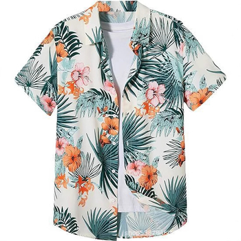 Cămașă bărbătească hawaiană cu mânecă scurtă și guler înalt, stil casual, imprimeu floral, calitate înaltă, vara 2025