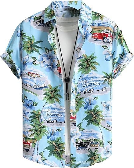 Cămașă bărbătească hawaiană cu mânecă scurtă și guler înalt, stil casual, imprimeu floral, calitate înaltă, vara 2025