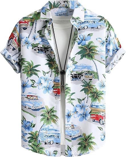 Cămașă bărbătească hawaiană cu mânecă scurtă și guler înalt, stil casual, imprimeu floral, calitate înaltă, vara 2025