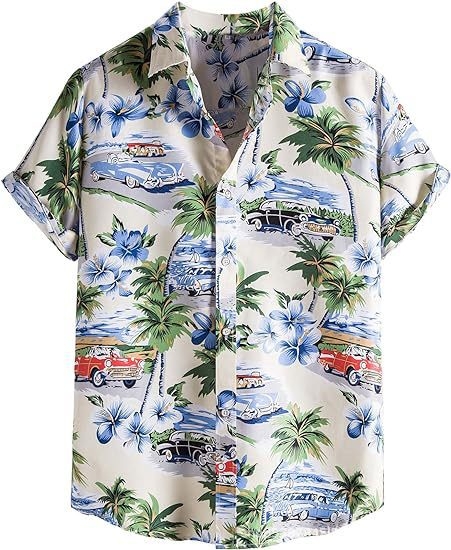 Cămașă bărbătească hawaiană cu mânecă scurtă și guler înalt, stil casual, imprimeu floral, calitate înaltă, vara 2025
