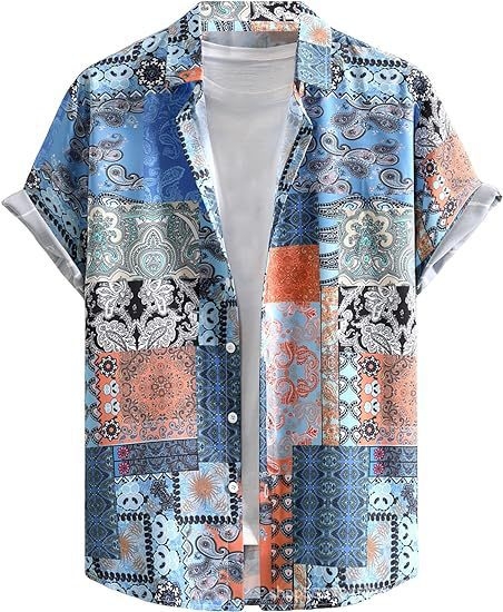 Cămașă bărbătească hawaiană cu mânecă scurtă și guler înalt, stil casual, imprimeu floral, calitate înaltă, vara 2025