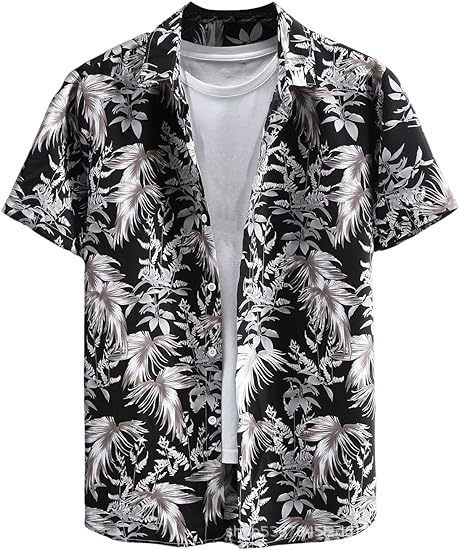 Cămașă bărbătească hawaiană cu mânecă scurtă și guler înalt, stil casual, imprimeu floral, calitate înaltă, vara 2025