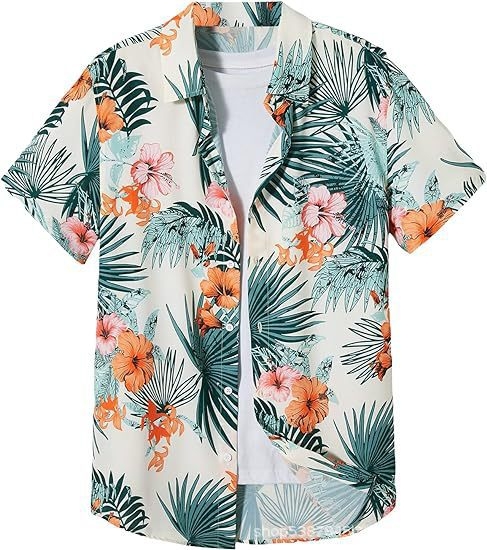 Cămașă bărbătească hawaiană cu mânecă scurtă și guler înalt, stil casual, imprimeu floral, calitate înaltă, vara 2025