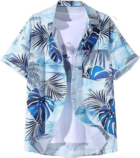 Cămașă bărbătească hawaiană cu mânecă scurtă și guler înalt, stil casual, imprimeu floral, calitate înaltă, vara 2025