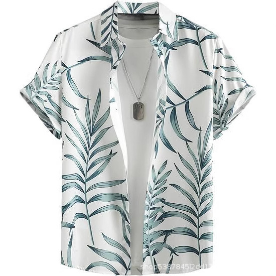 Cămașă bărbătească hawaiană cu mânecă scurtă și guler înalt, stil casual, imprimeu floral, calitate înaltă, vara 2025