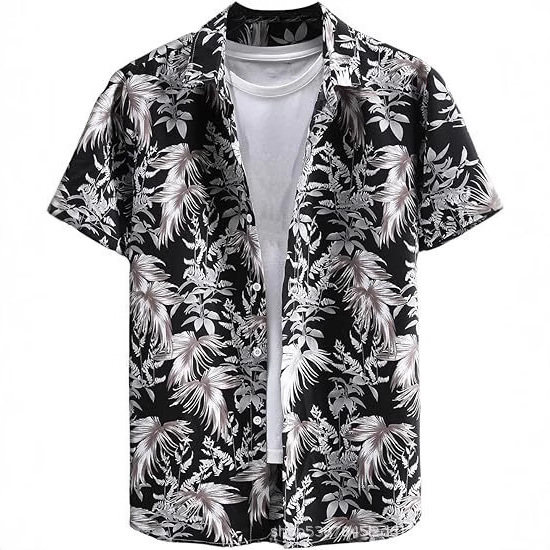 Cămașă bărbătească hawaiană cu mânecă scurtă și guler înalt, stil casual, imprimeu floral, calitate înaltă, vara 2025