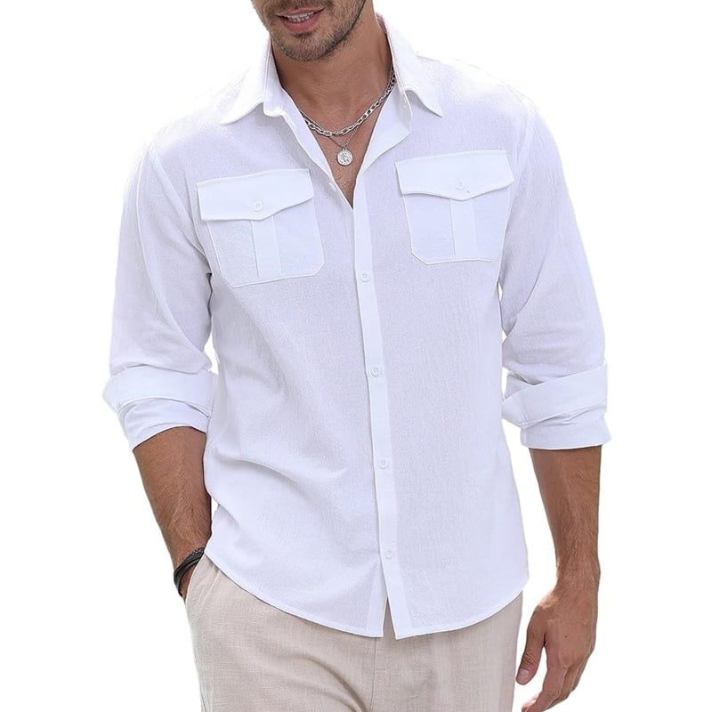 Cămașă de bărbați din bumbac cu nasturi, mânecă lungă, culoare uni, stil casual
