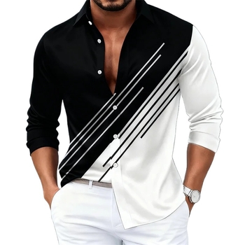 Cămașă de bărbați în dungi contrastante, mâneci lungi, stil european-american, croială slim casual, 15 culori