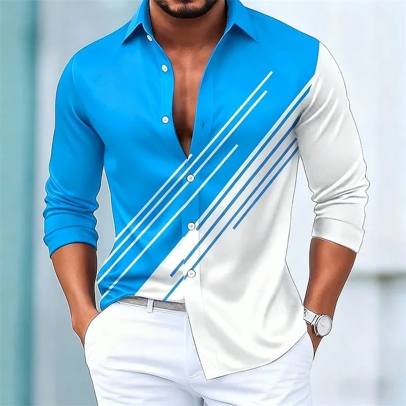 Cămașă de bărbați în dungi contrastante, mâneci lungi, stil european-american, croială slim casual, 15 culori