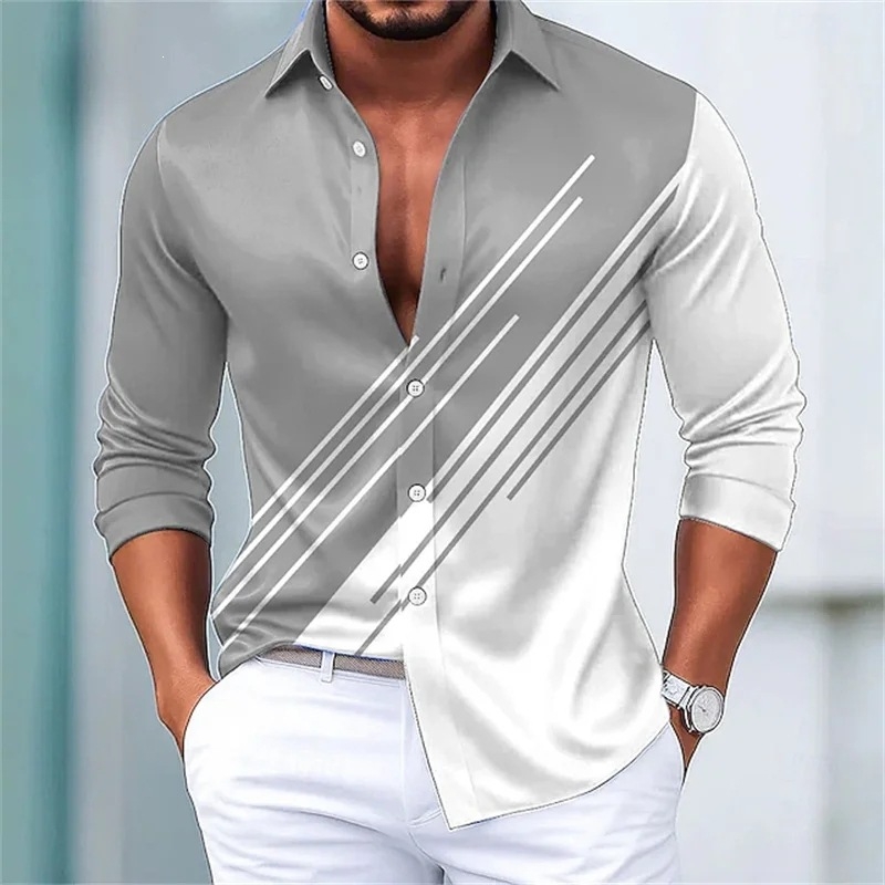 Cămașă de bărbați în dungi contrastante, mâneci lungi, stil european-american, croială slim casual, 15 culori