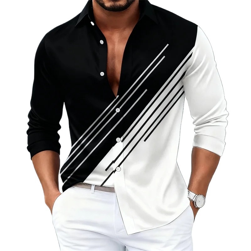 Cămașă de bărbați în dungi contrastante, mâneci lungi, stil european-american, croială slim casual, 15 culori