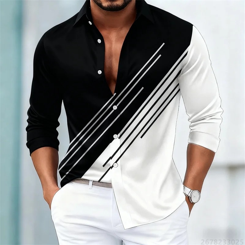 Cămașă de bărbați în dungi contrastante, mâneci lungi, stil european-american, croială slim casual, 15 culori