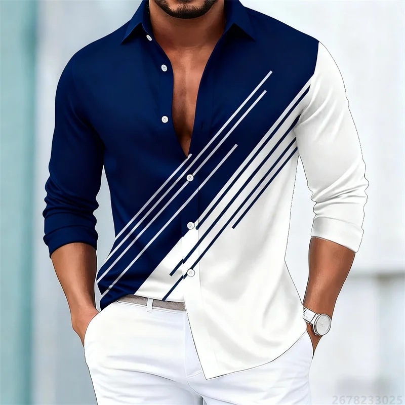 Cămașă de bărbați în dungi contrastante, mâneci lungi, stil european-american, croială slim casual, 15 culori