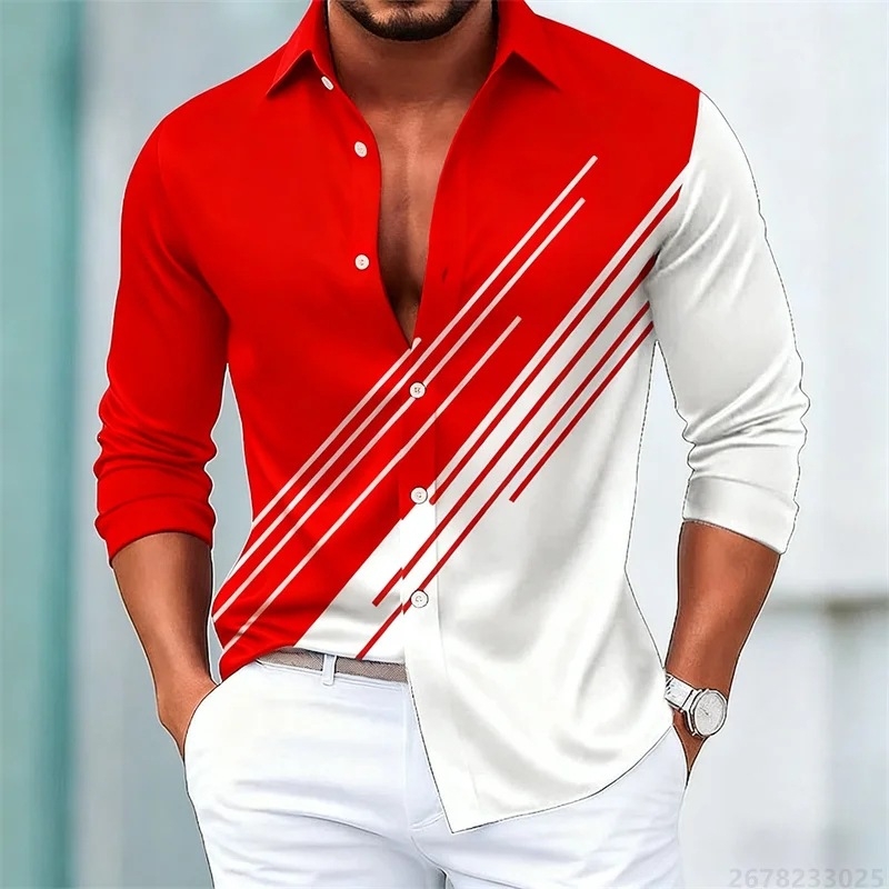 Cămașă de bărbați în dungi contrastante, mâneci lungi, stil european-american, croială slim casual, 15 culori