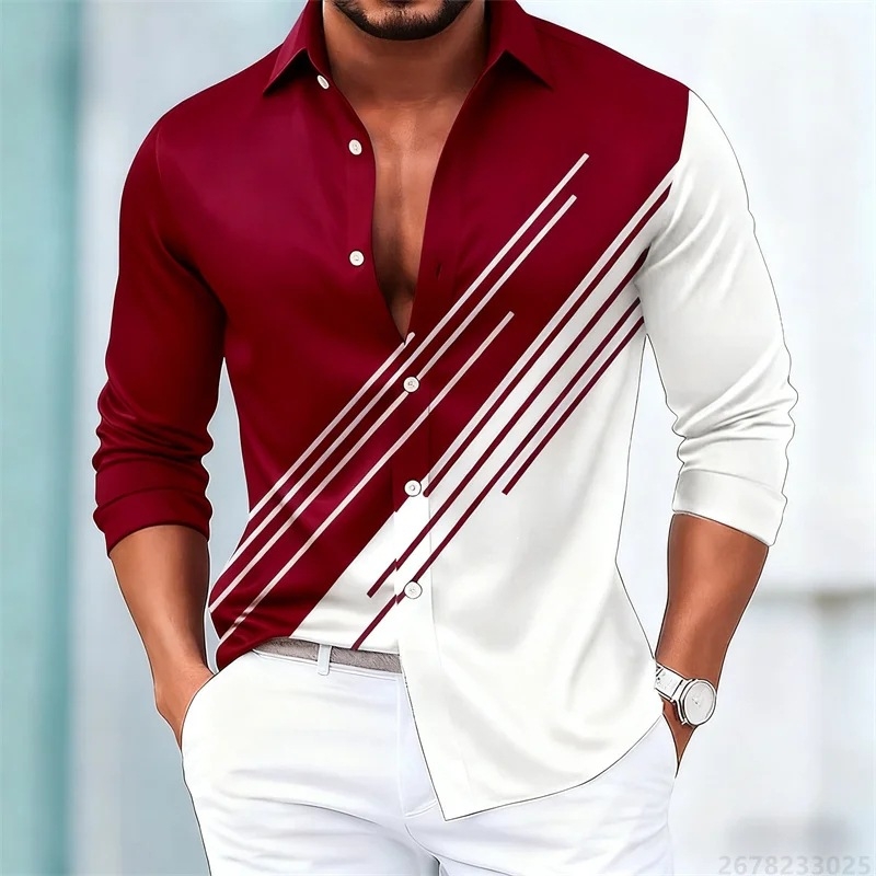 Cămașă de bărbați în dungi contrastante, mâneci lungi, stil european-american, croială slim casual, 15 culori