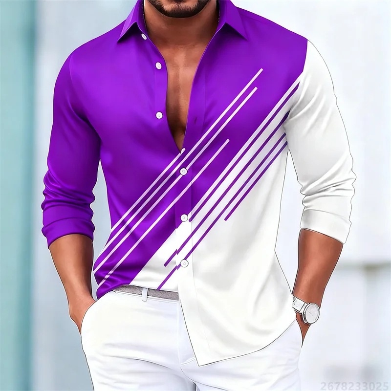 Cămașă de bărbați în dungi contrastante, mâneci lungi, stil european-american, croială slim casual, 15 culori