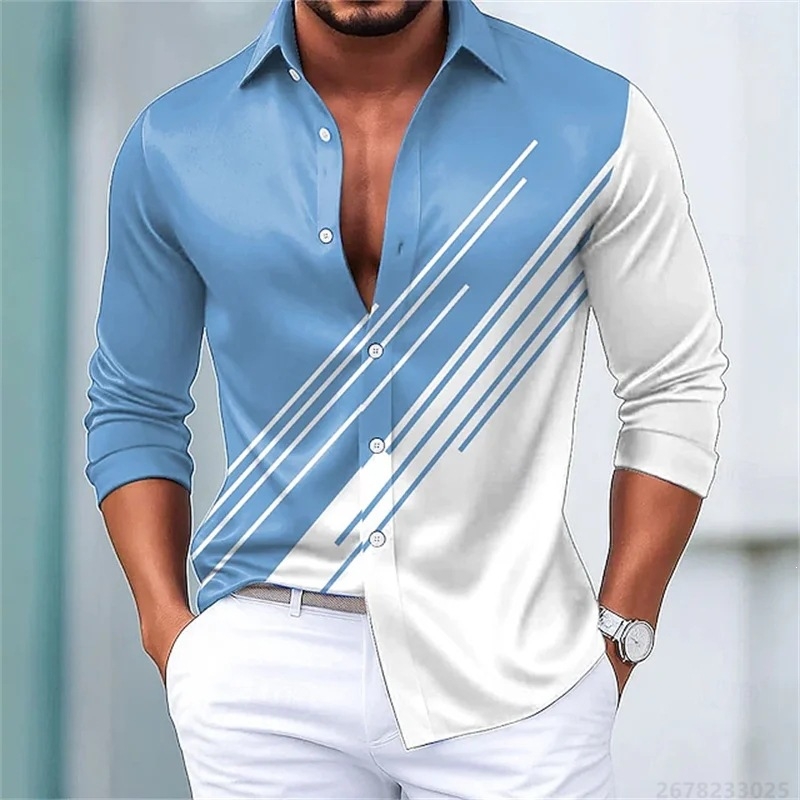 Cămașă de bărbați în dungi contrastante, mâneci lungi, stil european-american, croială slim casual, 15 culori