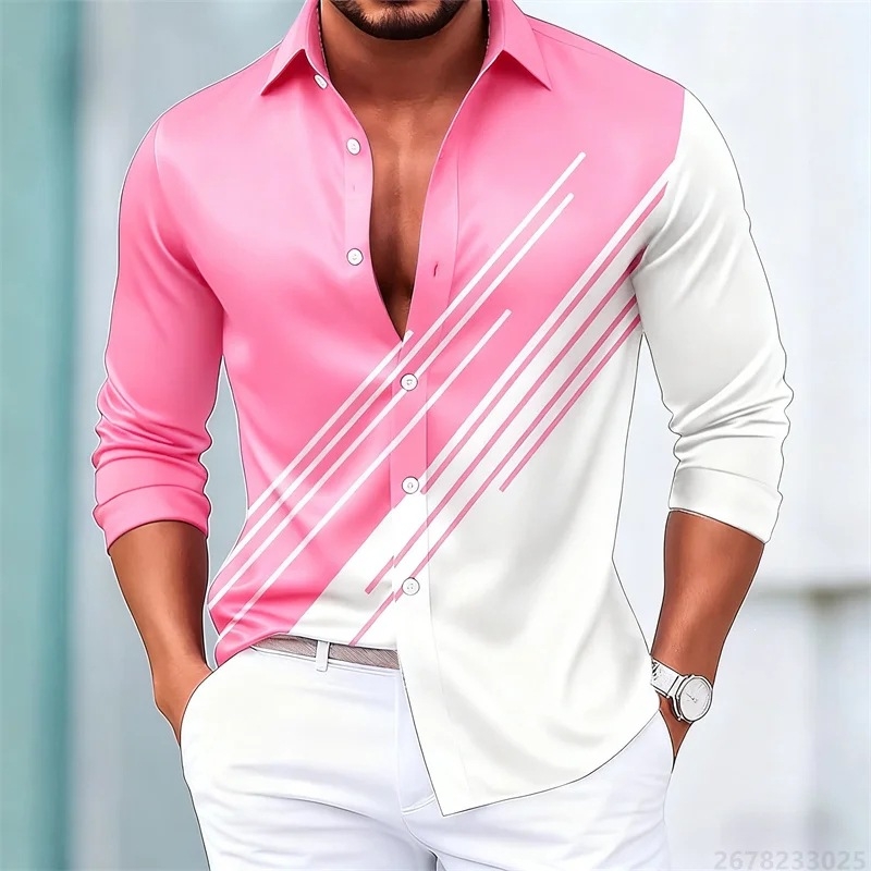 Cămașă de bărbați în dungi contrastante, mâneci lungi, stil european-american, croială slim casual, 15 culori