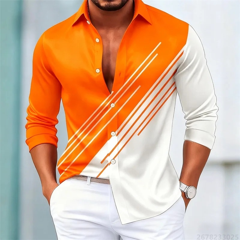 Cămașă de bărbați în dungi contrastante, mâneci lungi, stil european-american, croială slim casual, 15 culori