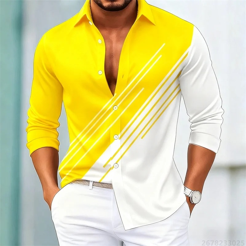 Cămașă de bărbați în dungi contrastante, mâneci lungi, stil european-american, croială slim casual, 15 culori