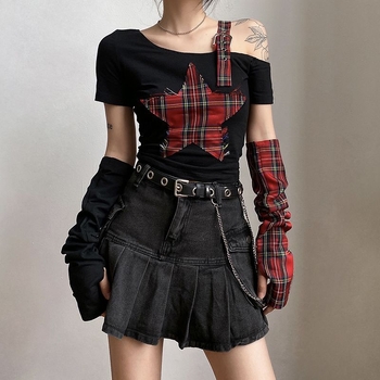 Tricou damă de vară cu mânecă scurtă, în stil punk subcultură Y2K Millennium, boem, cu umăr decupat neregulat