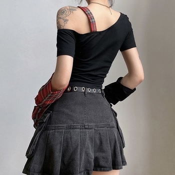 Tricou damă de vară cu mânecă scurtă, în stil punk subcultură Y2K Millennium, boem, cu umăr decupat neregulat