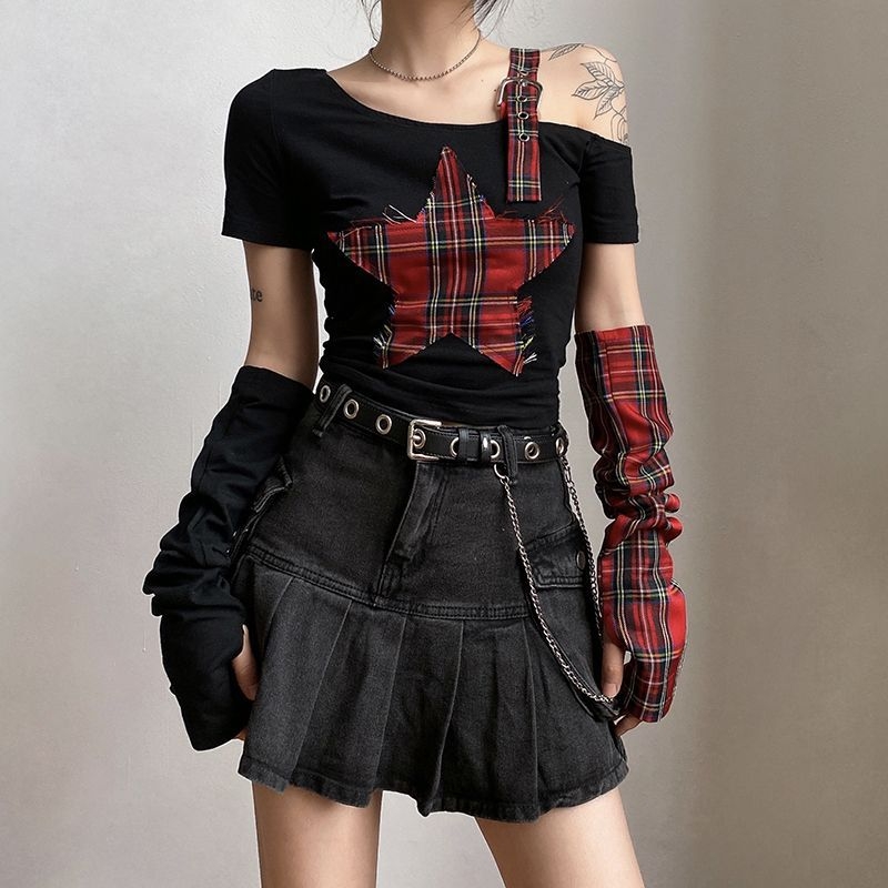 Tricou damă de vară cu mânecă scurtă, în stil punk subcultură Y2K Millennium, boem, cu umăr decupat neregulat