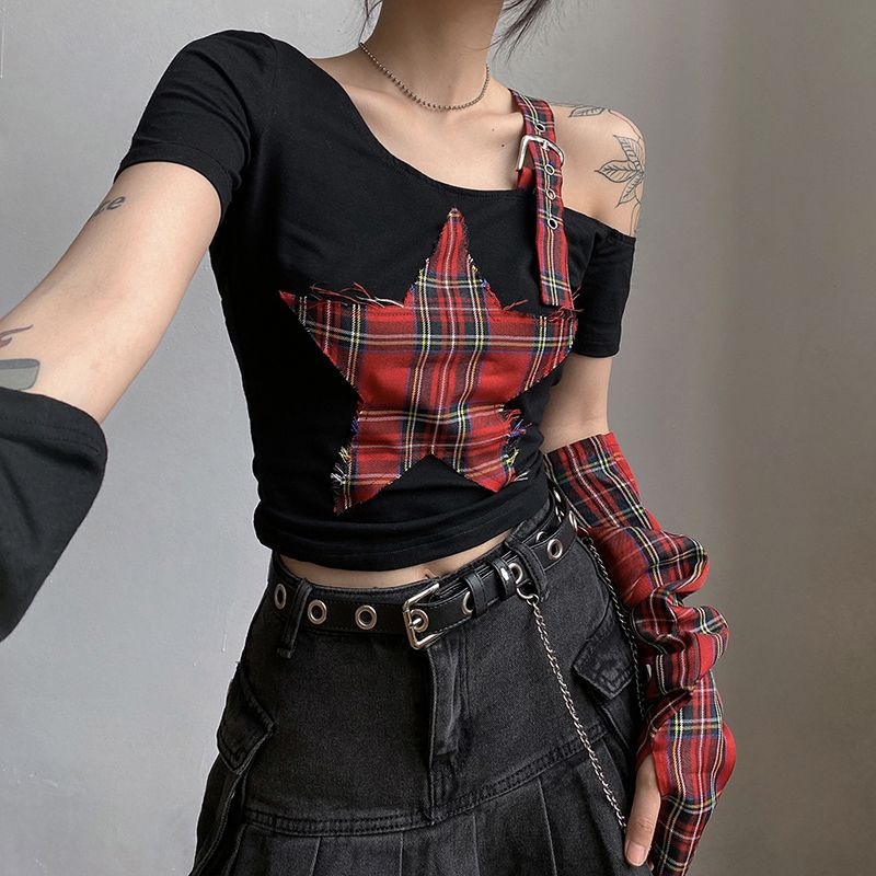 Tricou damă de vară cu mânecă scurtă, în stil punk subcultură Y2K Millennium, boem, cu umăr decupat neregulat