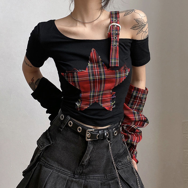Tricou damă de vară cu mânecă scurtă, în stil punk subcultură Y2K Millennium, boem, cu umăr decupat neregulat