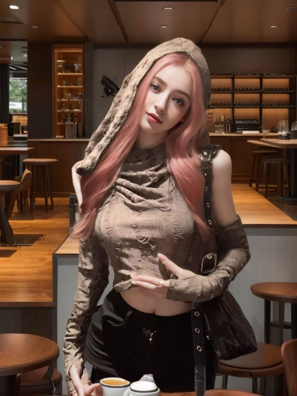 2024 nou cropped top cu glugă în stil post-apocaliptic, pentru femei, mâneci scurte, rupturi, street hipster, primăvară-vară