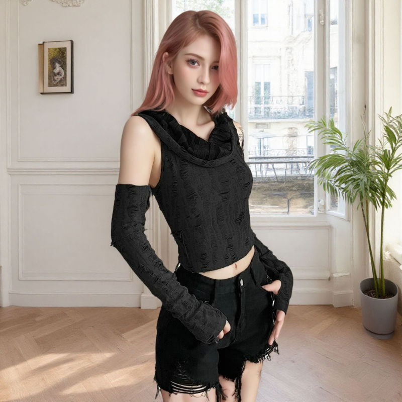 2024 nou cropped top cu glugă în stil post-apocaliptic, pentru femei, mâneci scurte, rupturi, street hipster, primăvară-vară