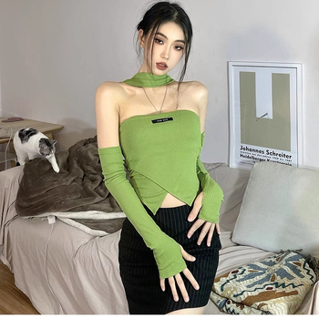 Tricou scurt slim fit pentru femei, halter și umeri la vedere, stil retro pur