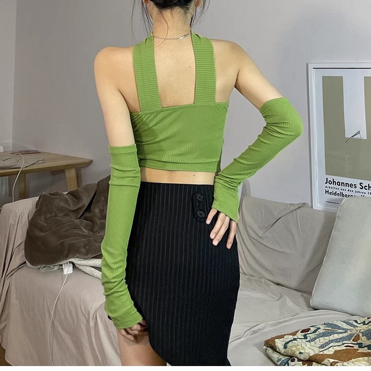 Tricou scurt slim fit pentru femei, halter și umeri la vedere, stil retro pur
