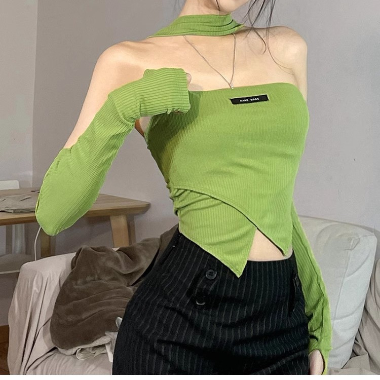 Tricou scurt slim fit pentru femei, halter și umeri la vedere, stil retro pur