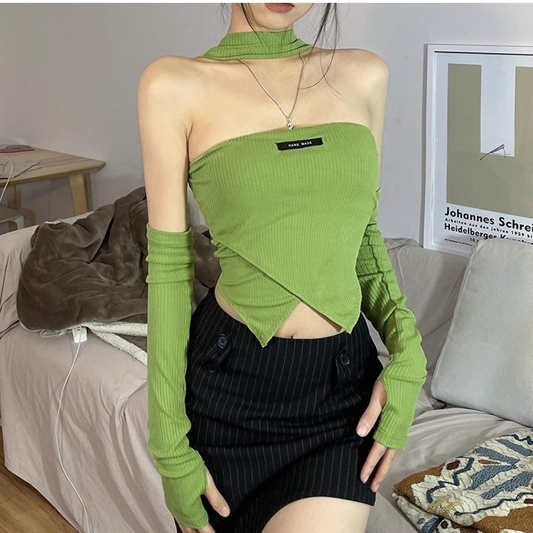 Tricou scurt slim fit pentru femei, halter și umeri la vedere, stil retro pur