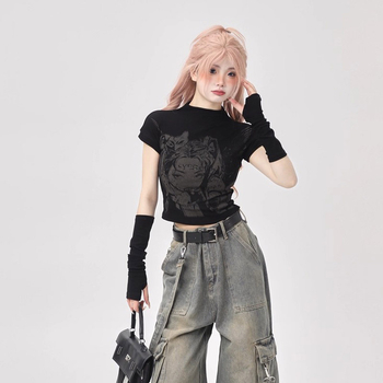 Tricou damă cu mâneci scurte, în stil funcțional, imprimeu animație și manșete la mâneci, pentru primăvară-vară-toamnă, top chic de nișă