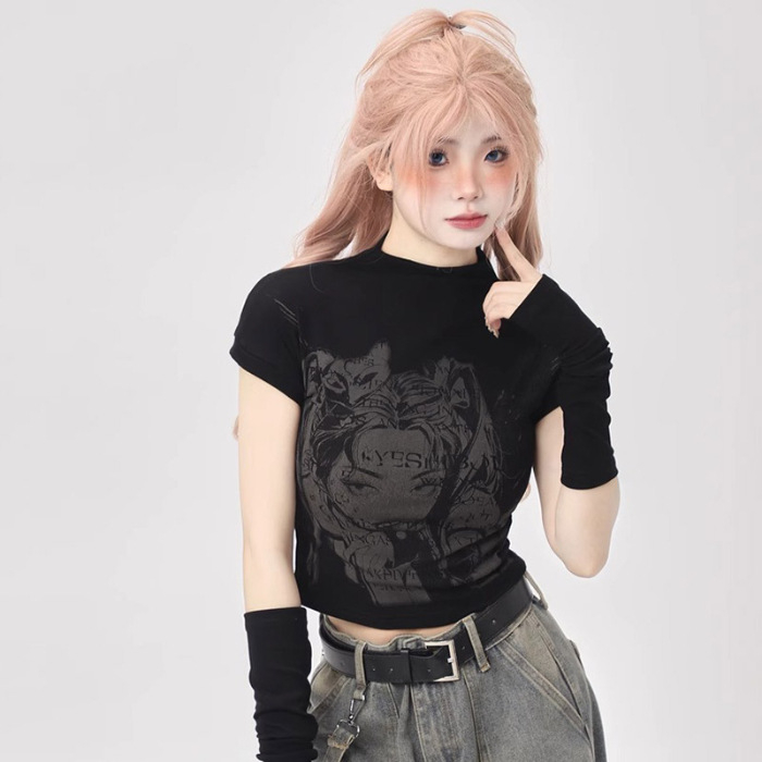 Tricou damă cu mâneci scurte, în stil funcțional, imprimeu animație și manșete la mâneci, pentru primăvară-vară-toamnă, top chic de nișă