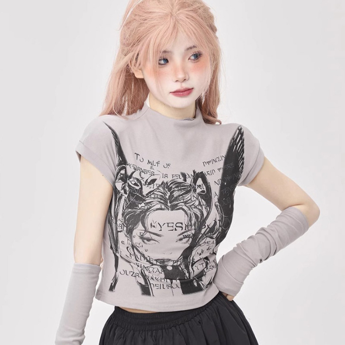 Tricou damă cu mâneci scurte, în stil funcțional, imprimeu animație și manșete la mâneci, pentru primăvară-vară-toamnă, top chic de nișă
