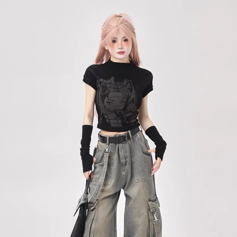 Tricou damă cu mâneci scurte, în stil funcțional, imprimeu animație și manșete la mâneci, pentru primăvară-vară-toamnă, top chic de nișă