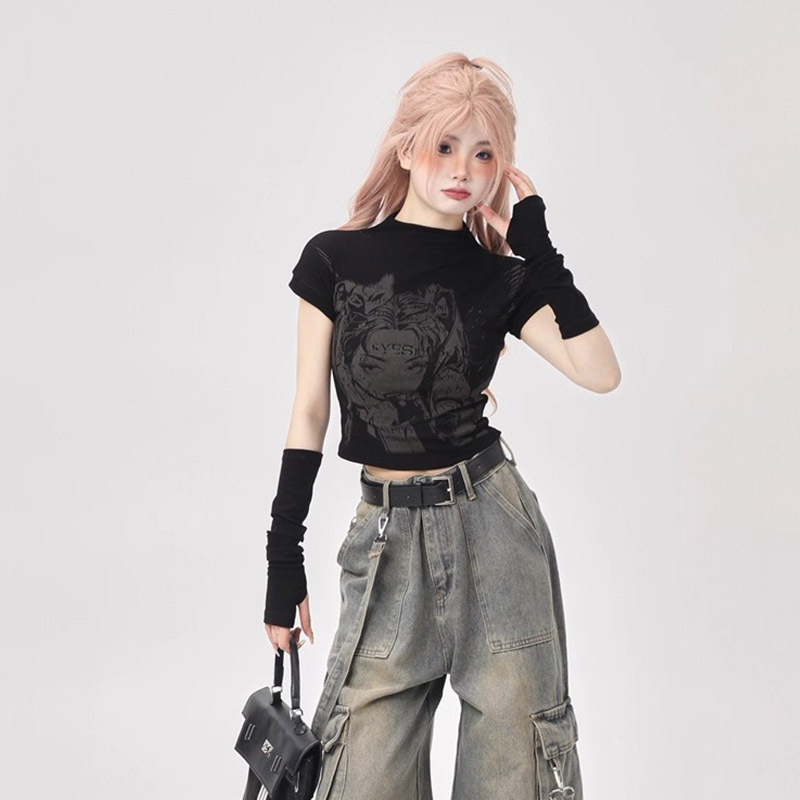 Tricou damă cu mâneci scurte, în stil funcțional, imprimeu animație și manșete la mâneci, pentru primăvară-vară-toamnă, top chic de nișă