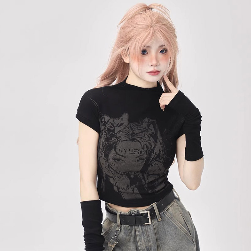 Tricou damă cu mâneci scurte, în stil funcțional, imprimeu animație și manșete la mâneci, pentru primăvară-vară-toamnă, top chic de nișă