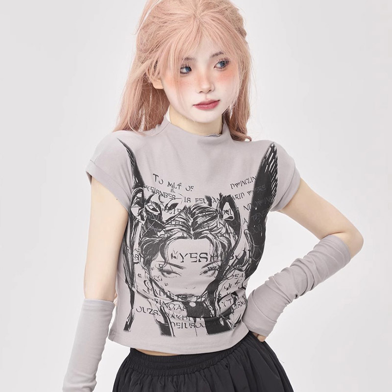 Tricou damă cu mâneci scurte, în stil funcțional, imprimeu animație și manșete la mâneci, pentru primăvară-vară-toamnă, top chic de nișă