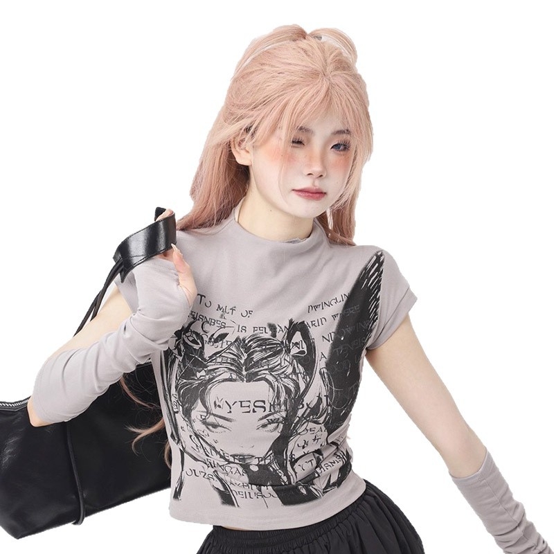Tricou damă cu mâneci scurte, în stil funcțional, imprimeu animație și manșete la mâneci, pentru primăvară-vară-toamnă, top chic de nișă
