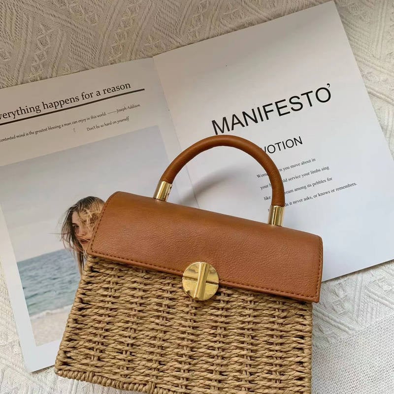 Retro pleteni kvadratna torba od slame, svestrana modna torba za plažu s naramenicom